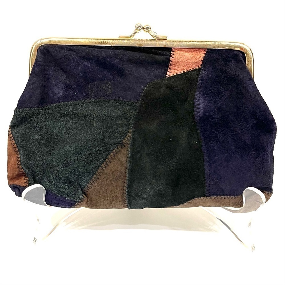 🔥 Vintage Boho Patchwork Suede Leather Clutch Gold Frame